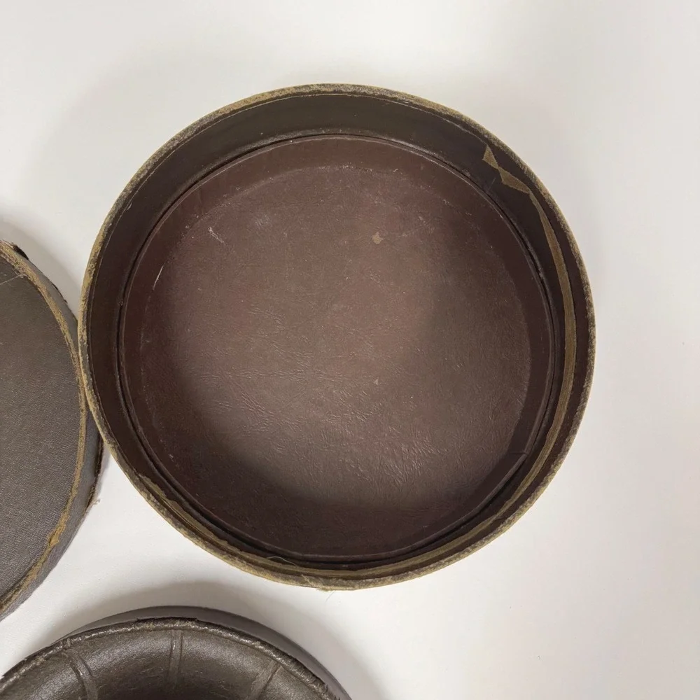 Vintage Round Cardboard Collar Hat Box faux leather Dk Brown Millinery Mold